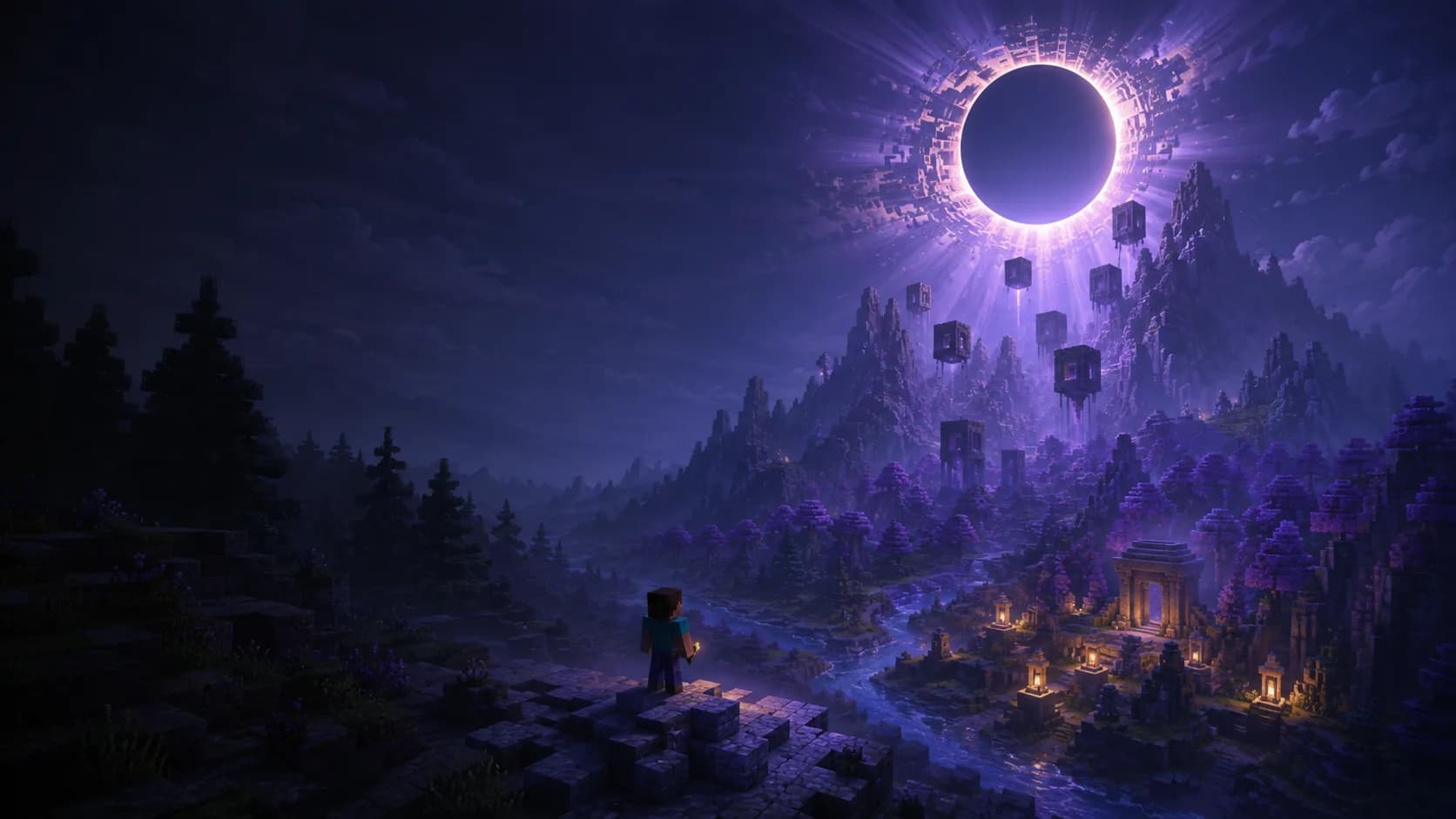 Illustration: A mysterious halo above a Minecraft valley at night, with floating stone blocks.