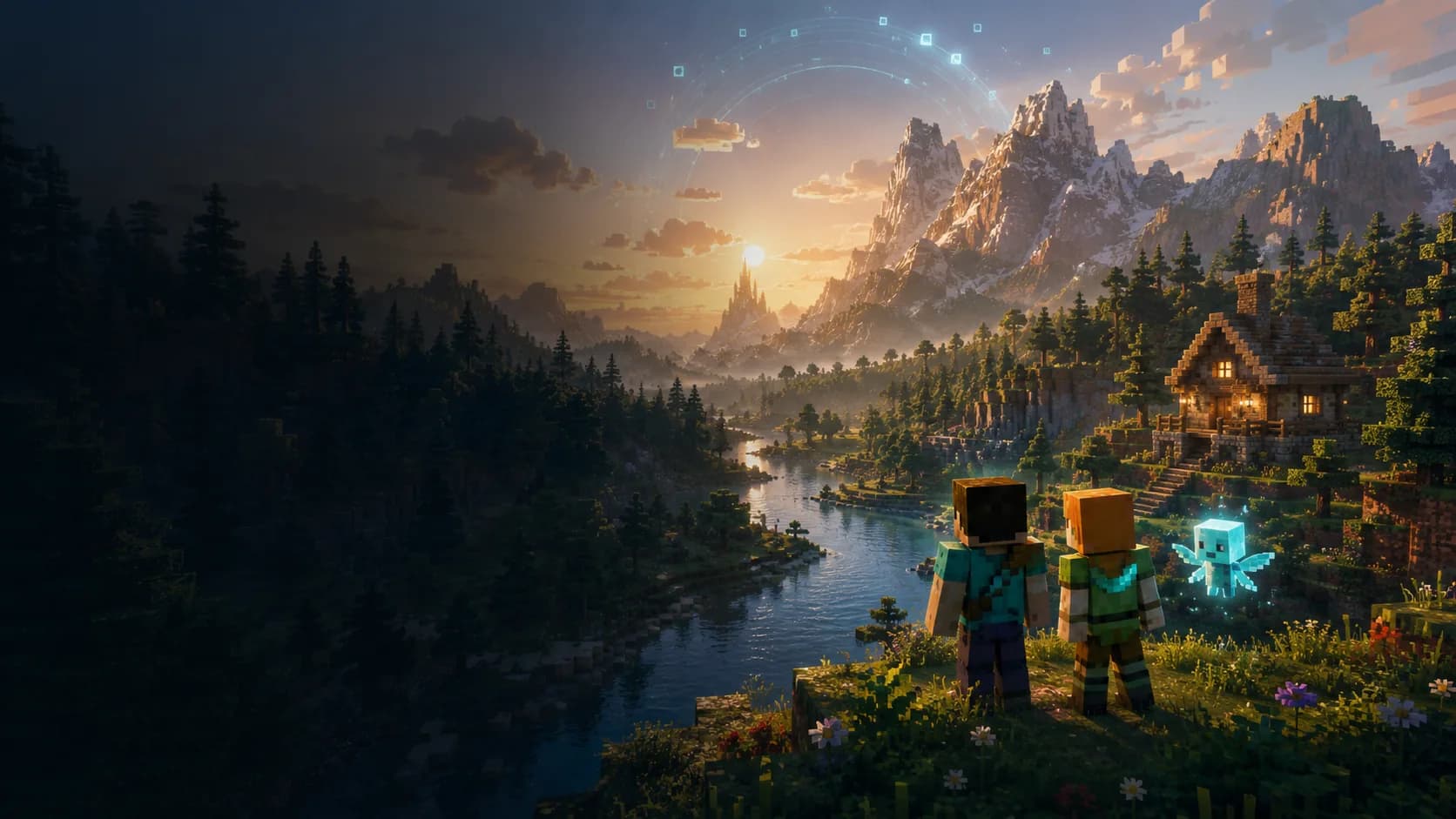 Illustration: Two Minecraft adventurers and a glowing fairy overlook a forested river valley.