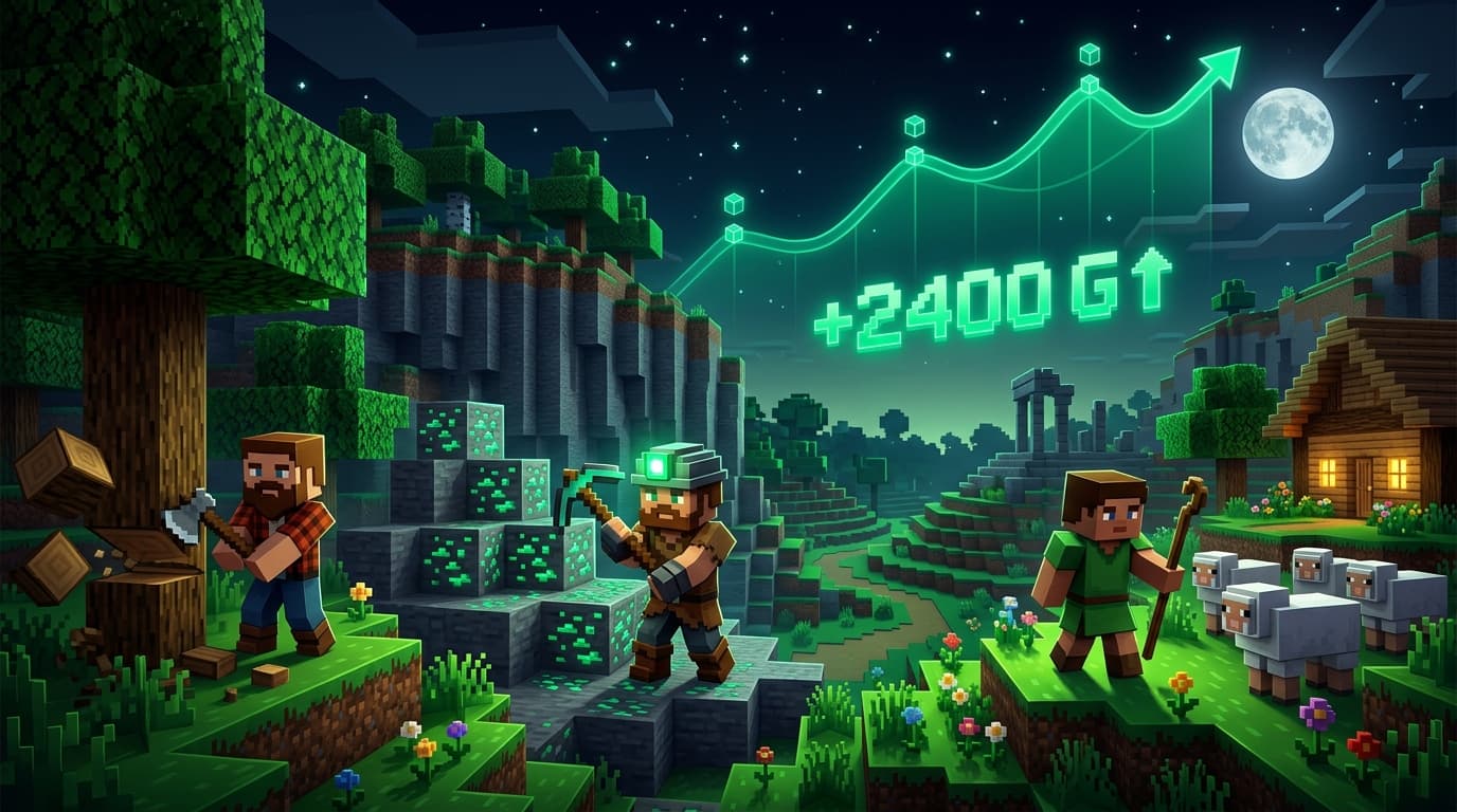 Blocky AI inhabitants gathering, mining and herding in a voxel world while a glowing GDP graph climbs above them