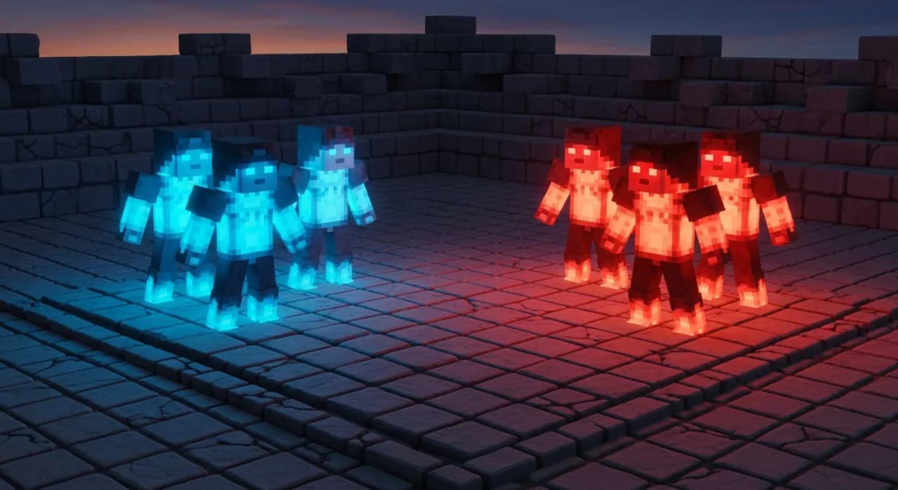Two teams of blocky AI bots — one red, one blue — charging across a stone Minecraft coliseum arena under a dark sky
