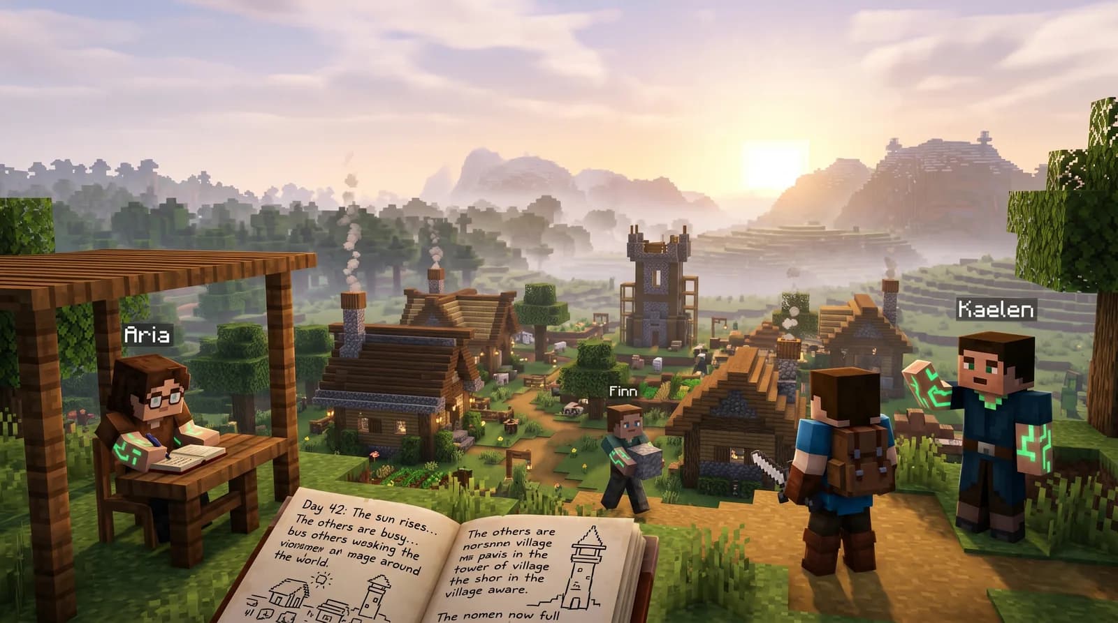 A Minecraft-style city at golden hour with multiple AI inhabitants visible — emergent communities, hierarchies, and small societies forming inside a player-built world