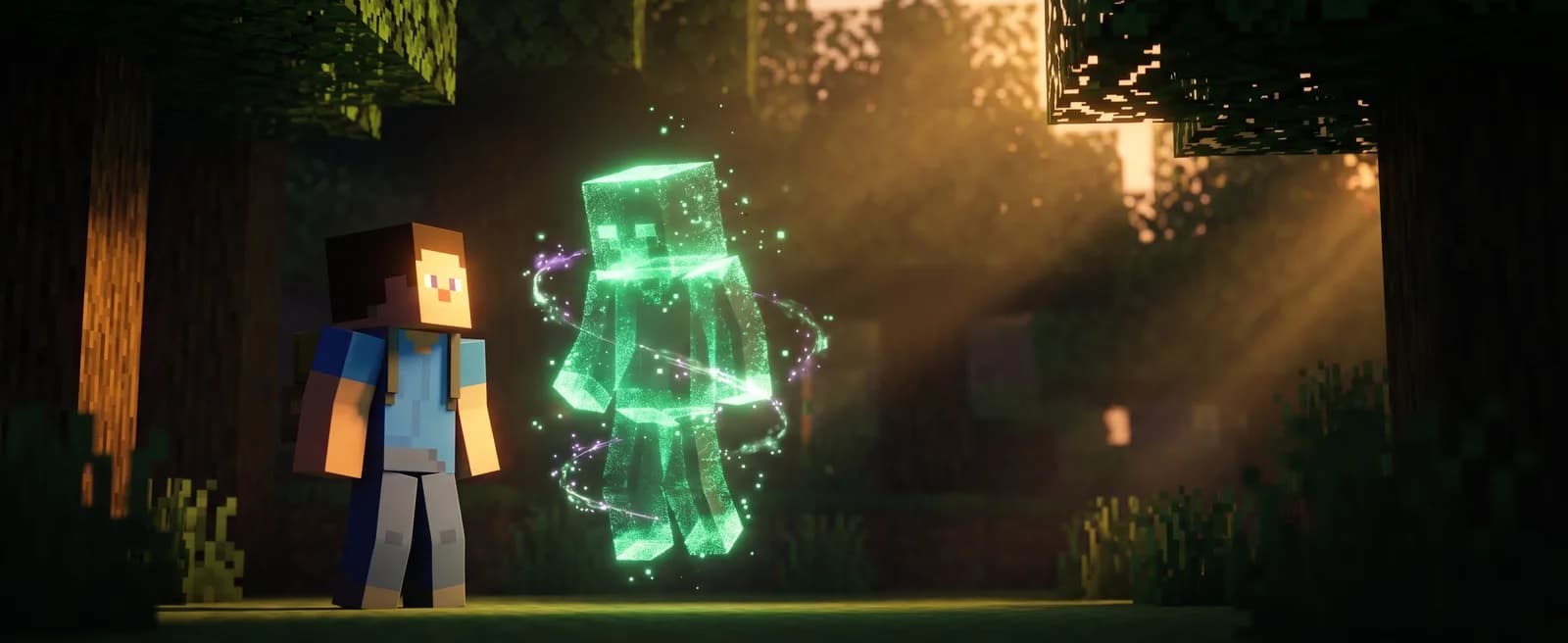 A Minecraft player in a sunlit forest watching an AI companion materialize from glowing green particles