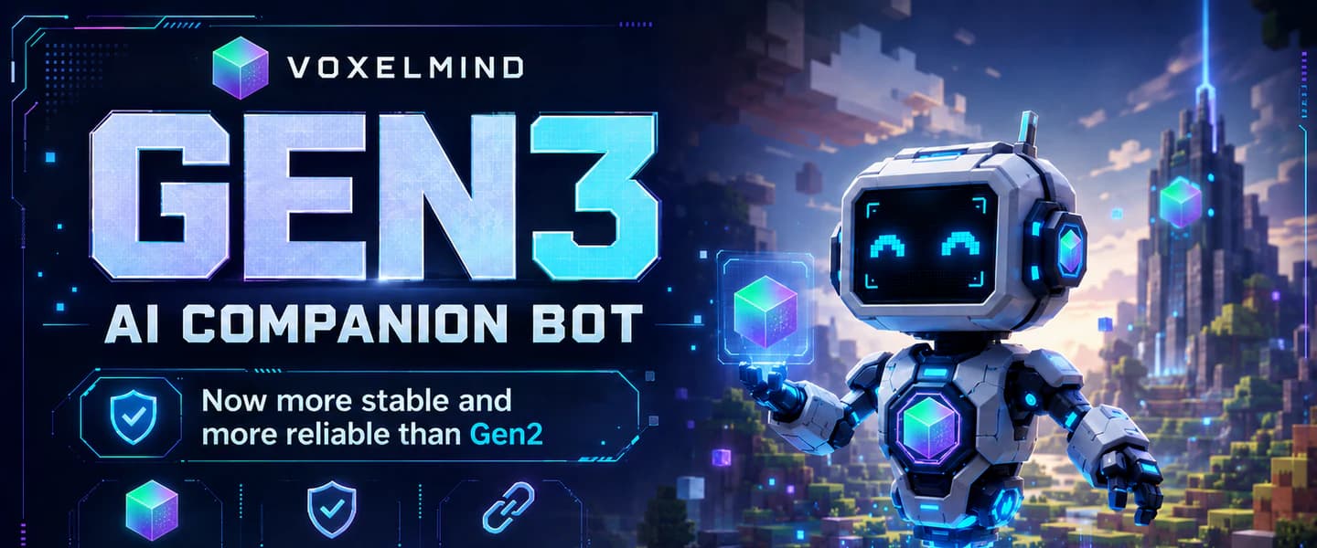 VoxelMind GEN3 announcement showing a friendly futuristic AI companion above a Minecraft landscape with a stability message