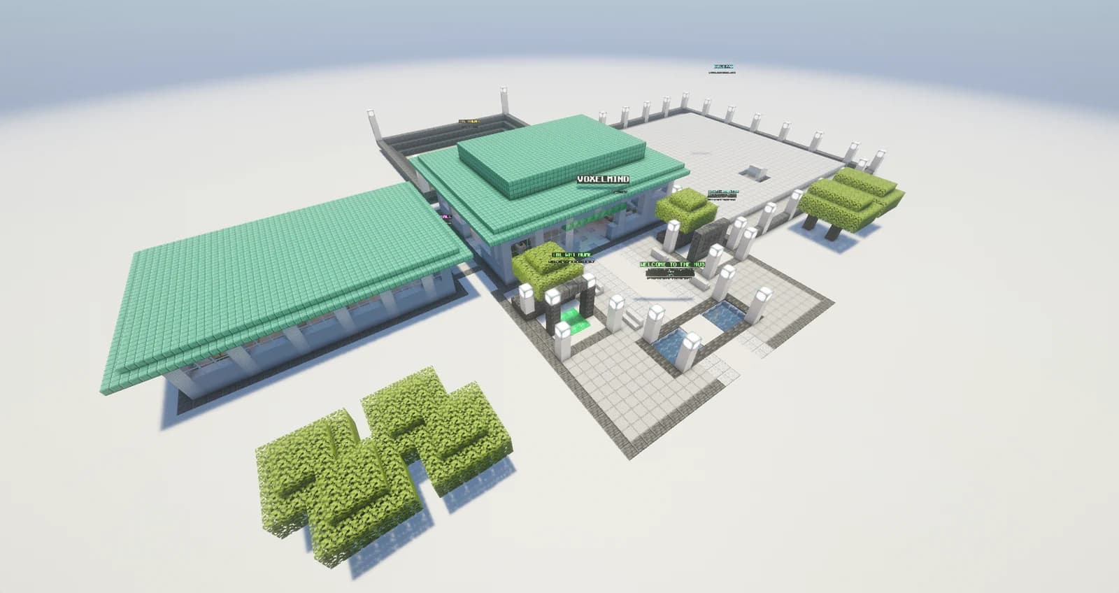 Aerial view of the VoxelMind hub server: a built lobby with a welcome sign and paths leading off to player worlds
