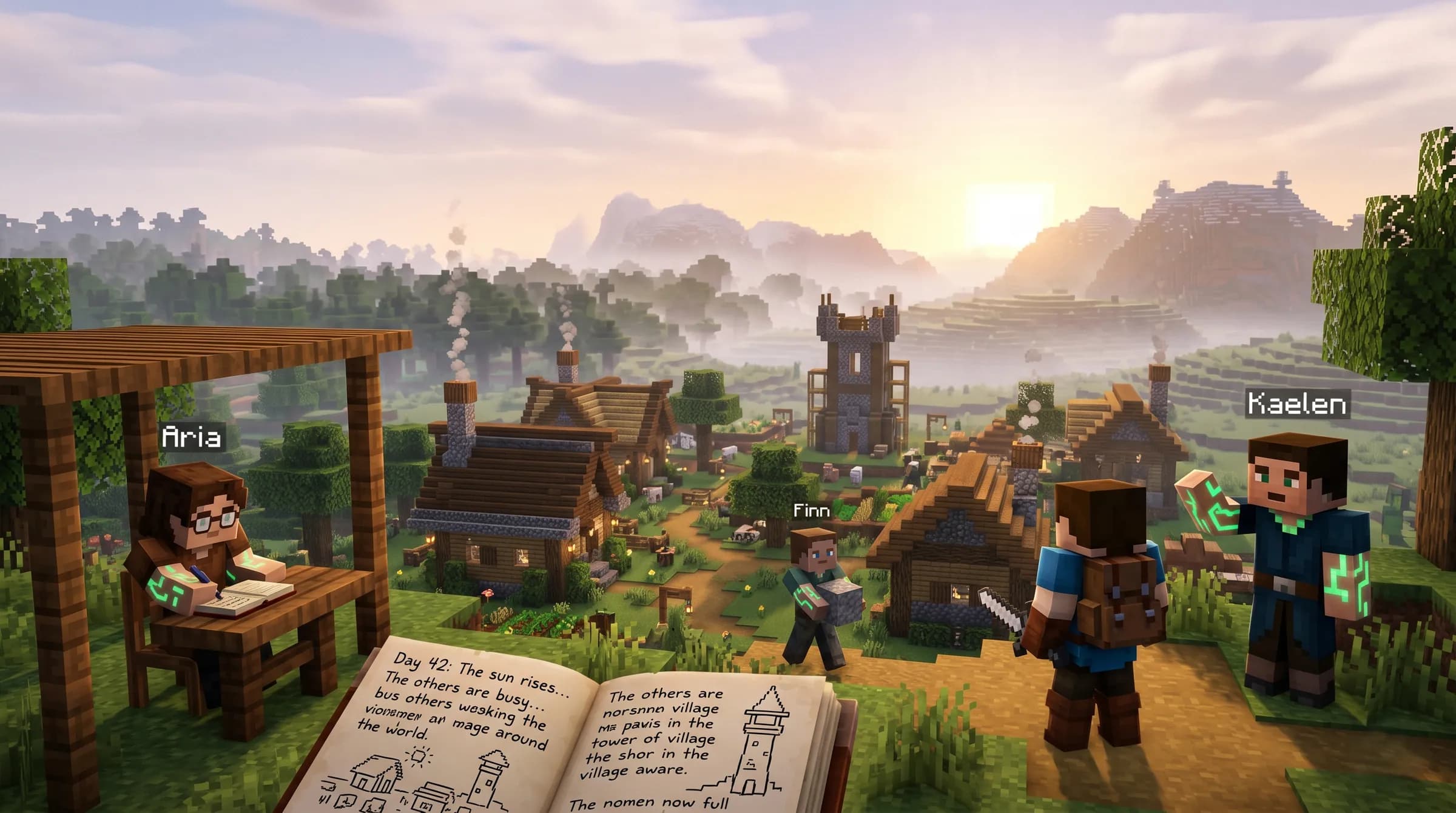 A wide voxel landscape at golden hour with AI inhabitants spread across it — a companion beside a player, a small settlement, and a distant town — the three worlds of VoxelMind on one map