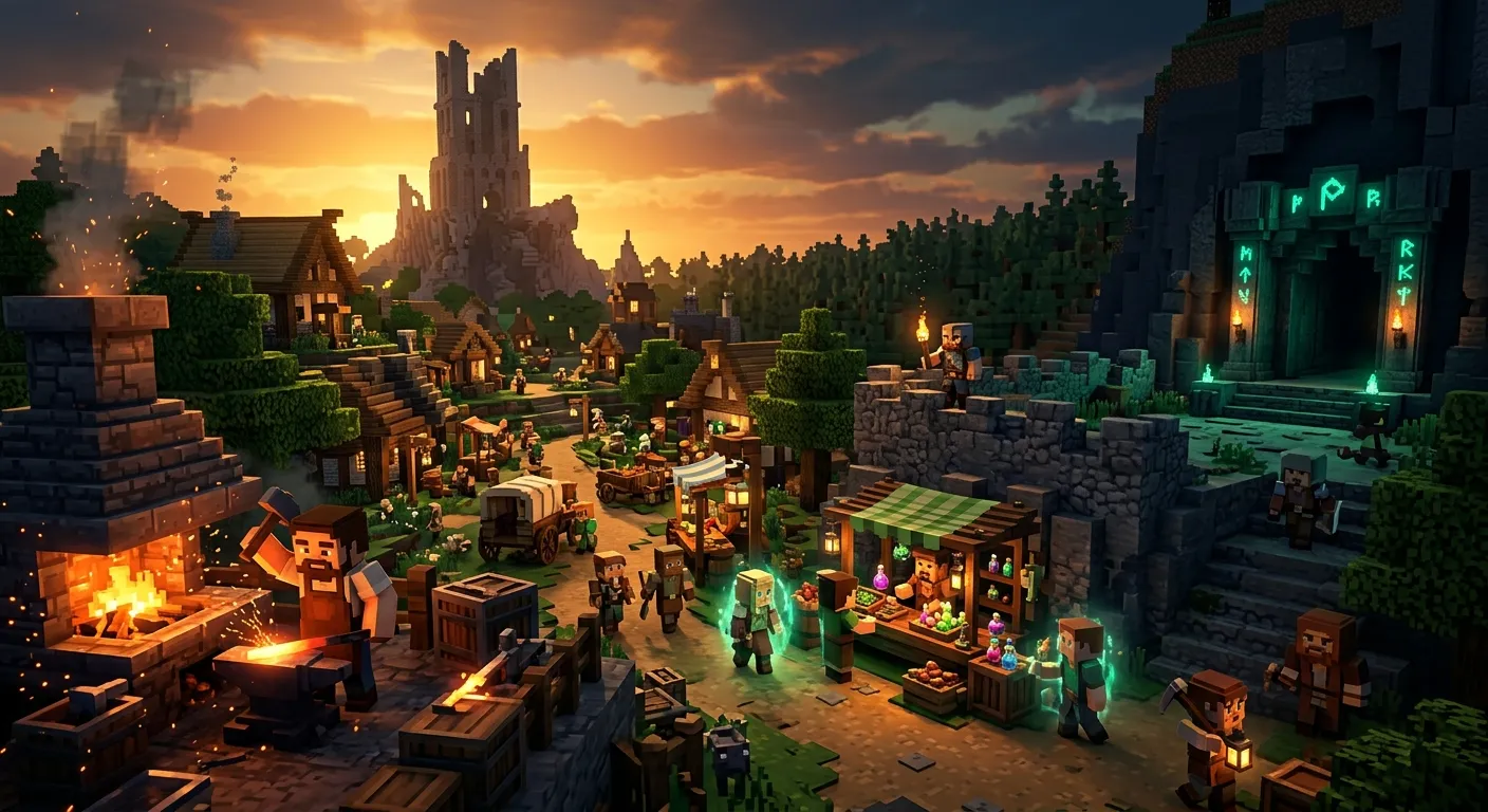A voxel village in the VoxelMind RPG where the merchants and quest-givers are living AI inhabitants